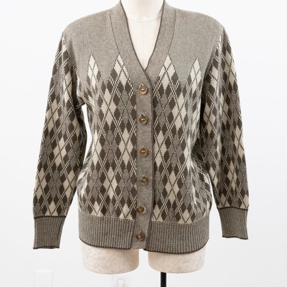 Vintage 80s M Argyle Plaid Print Sweater Brown - Picture 1 of 10